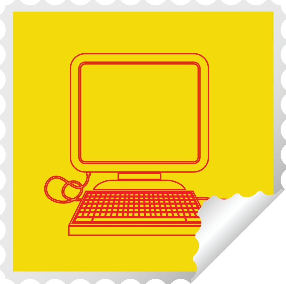 computer with mouse and screen square peeling sticker vector