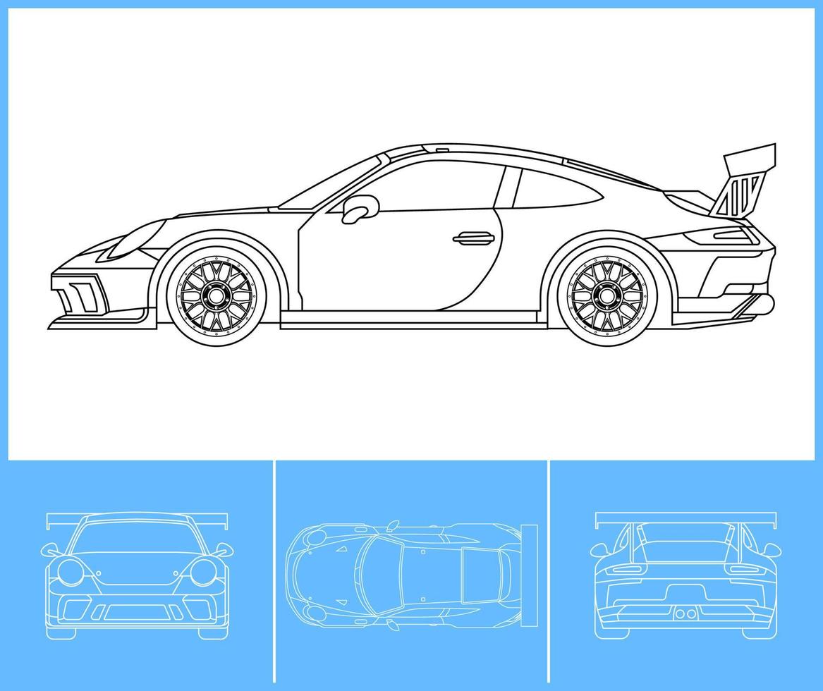 Sport car template. Transportation outline stroke template. Blue print layout. Fit for warp sticker, air brush, vinyls, recolor project. Vector eps 10.