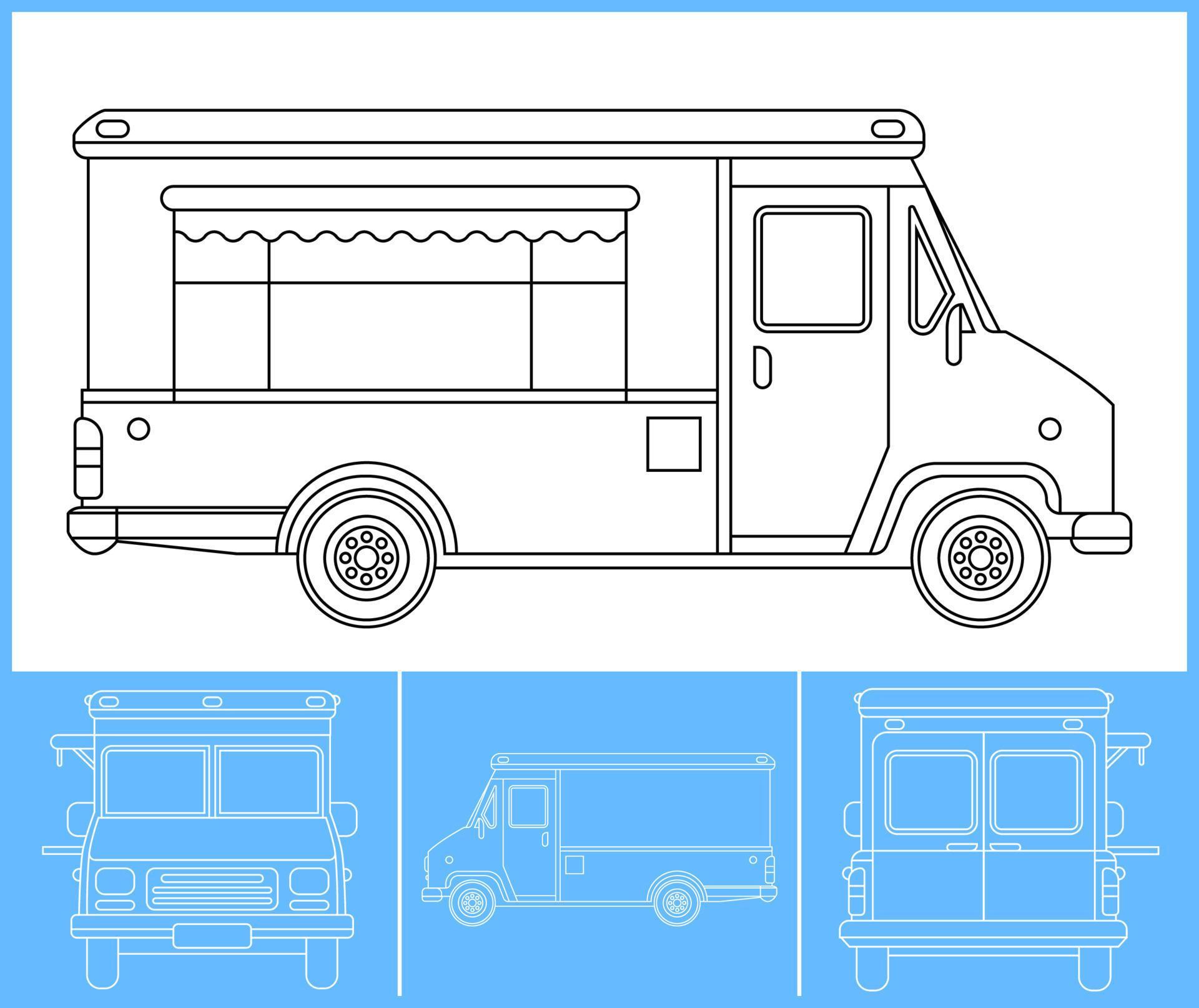 Food truck template. Transportation outline stroke template. Blue print Food truck template. Transportation outline stroke template. Blue print