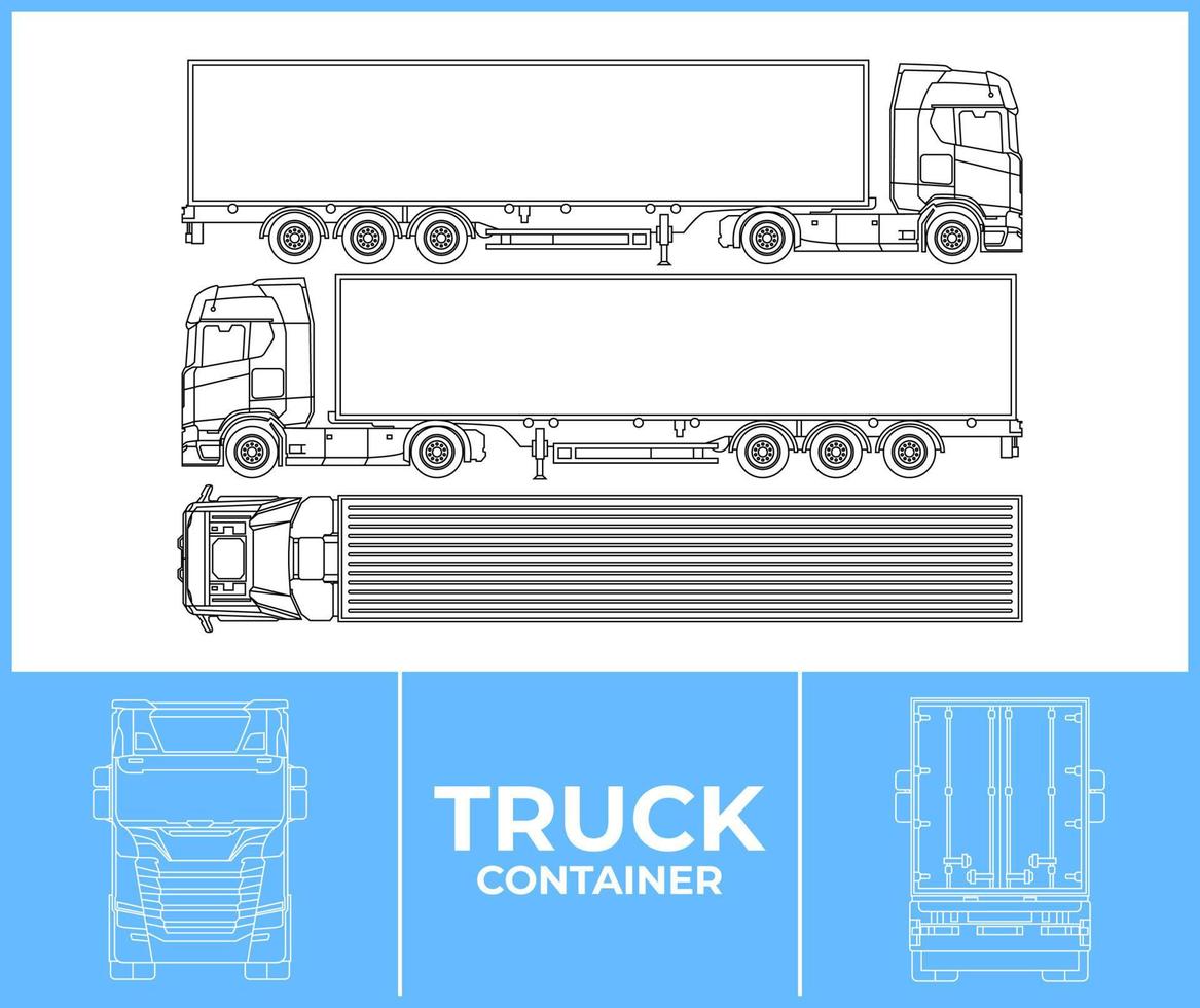 Truck container template. Transportation outline stroke template. Blue print layout. Fit for warp sticker, air brush, vinyls, recolor project. Vector eps 10.