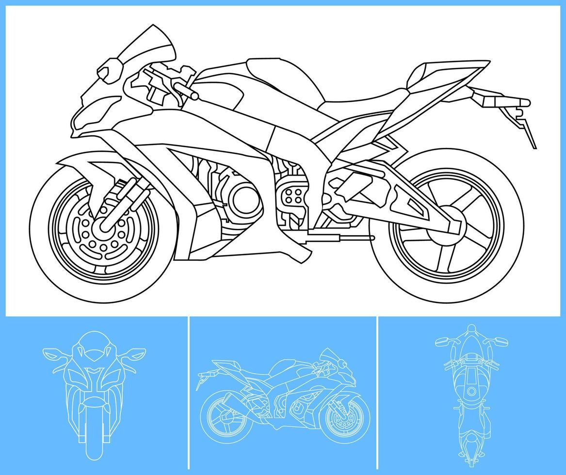 Speed motorcycle template. Transportation outline stroke template. Blue print layout. Fit for warp sticker, air brush, vinyls, recolor project. Vector eps 10.