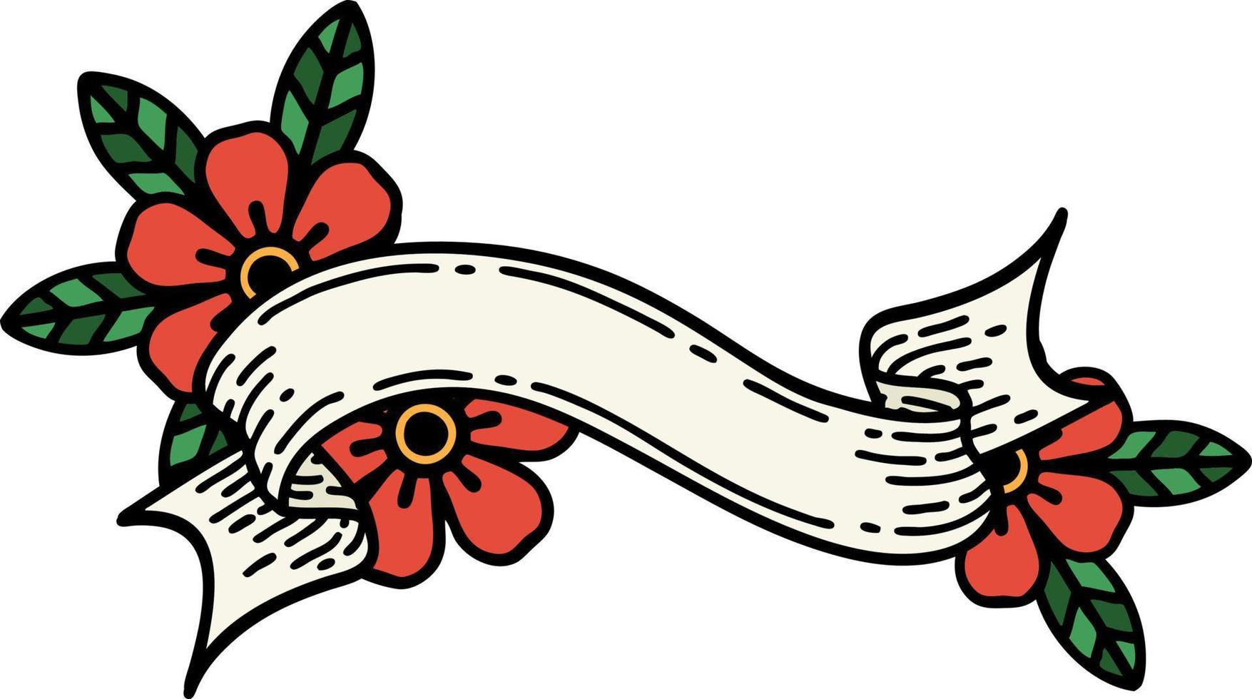 traditional tattoo of a banner and flowers vector