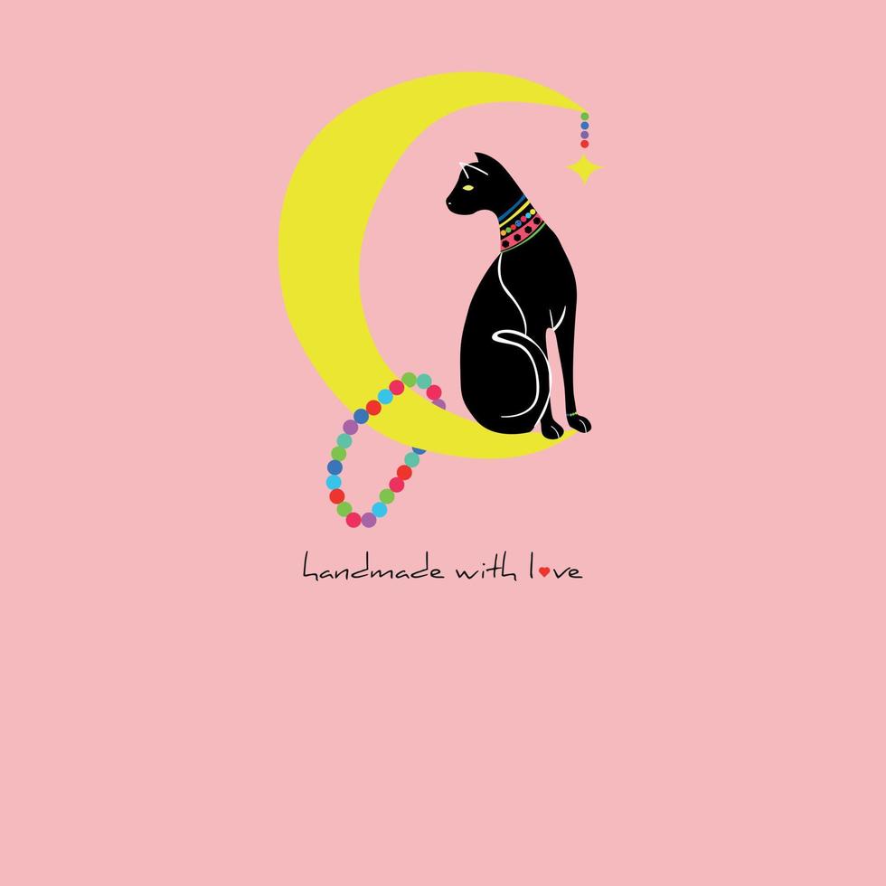 Jewelry logo symbol design with black cat on moon. Handmade labels. Unique icon layout for beauty and fashion business. Vector logo.