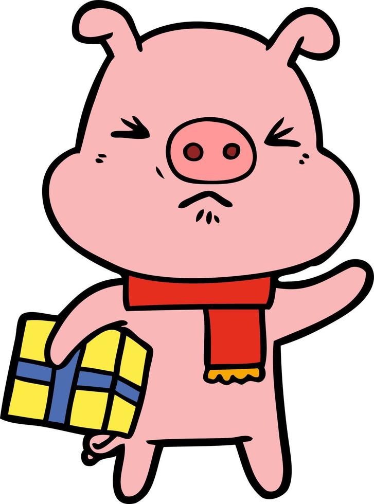 cartoon angry pig with christmas present vector