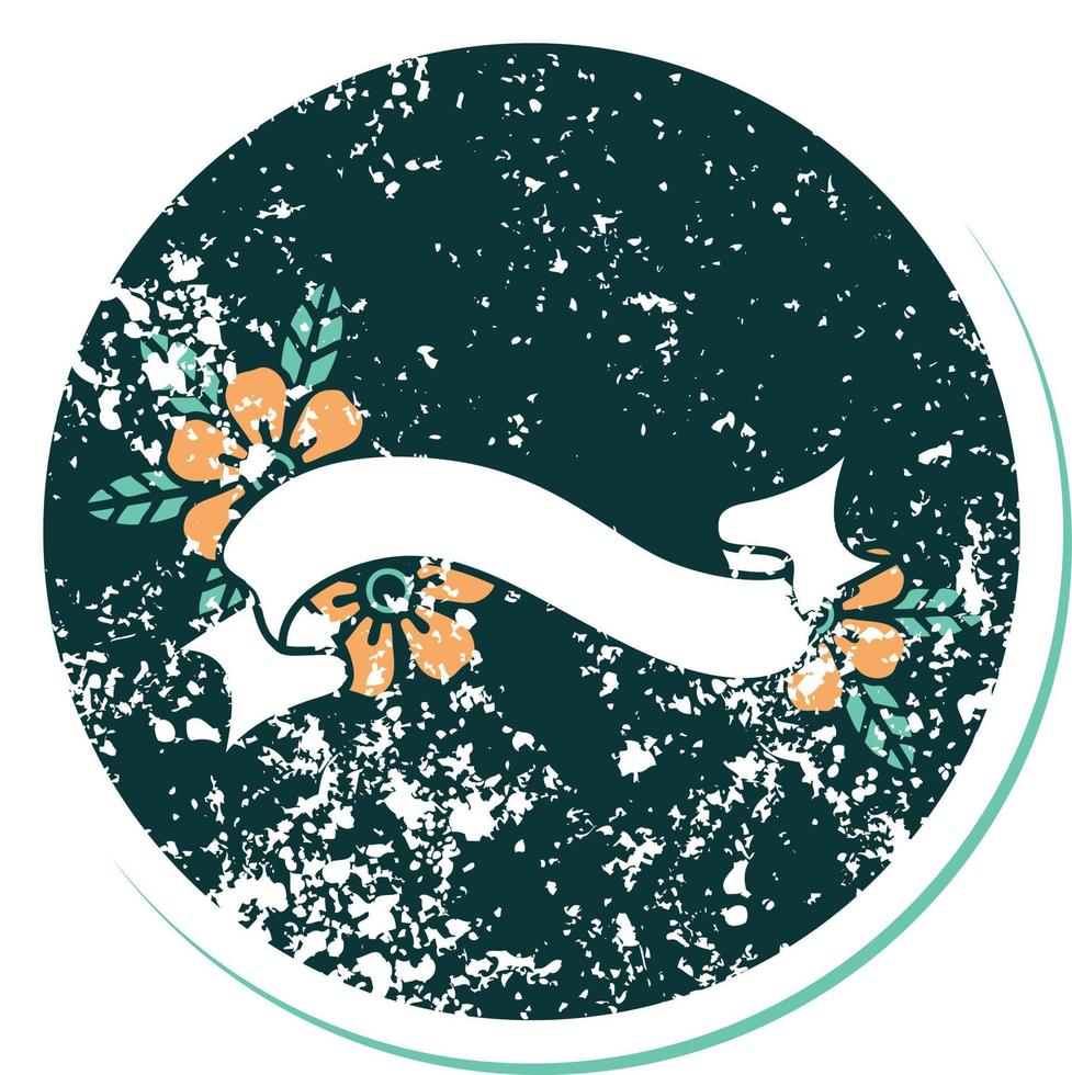 iconic distressed sticker tattoo style image of a banner and flowers vector
