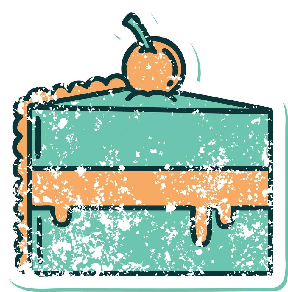 distressed sticker tattoo style icon of a slice of chocolate cake vector