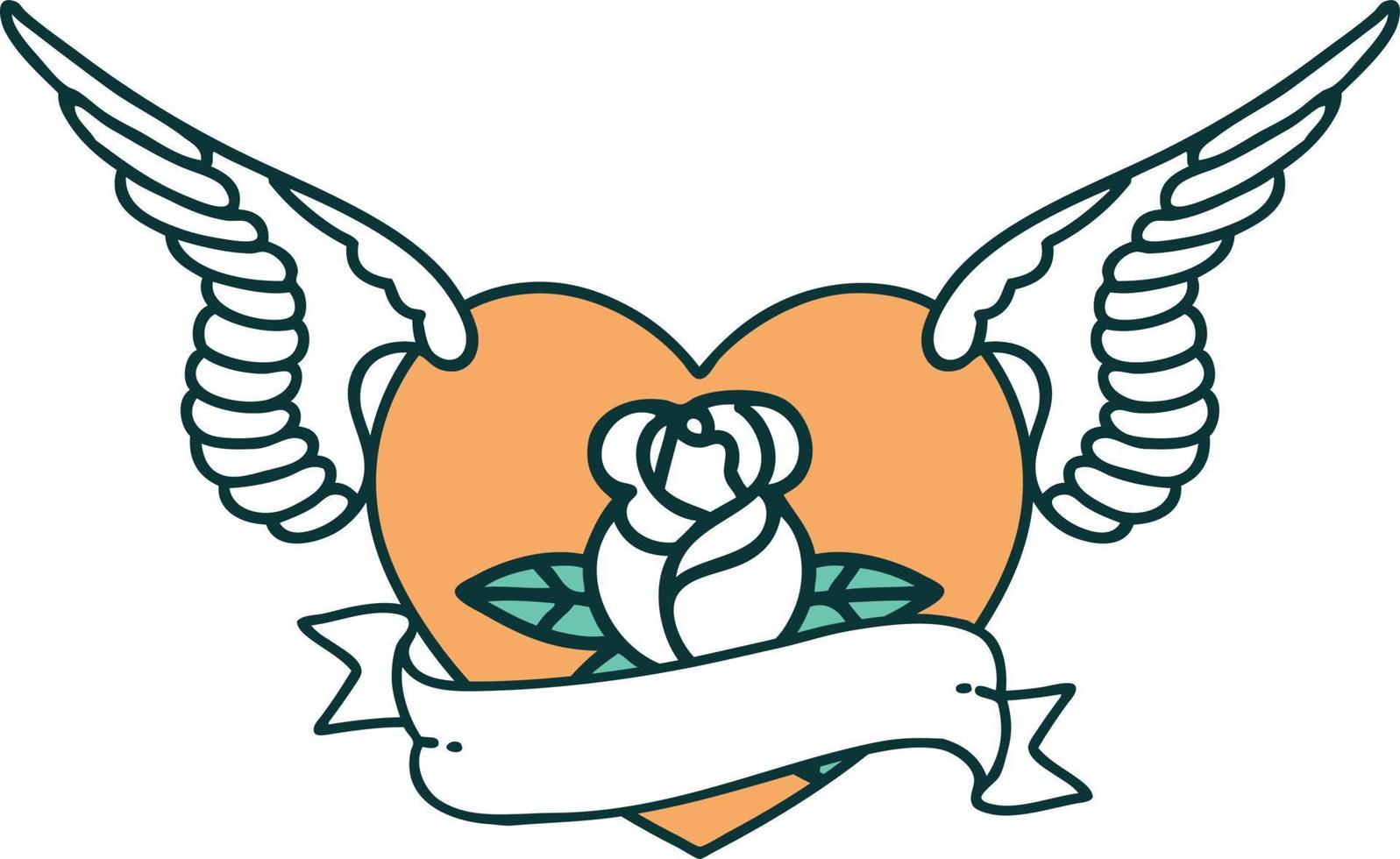 iconic tattoo style image of a flying heart with flowers and banner vector