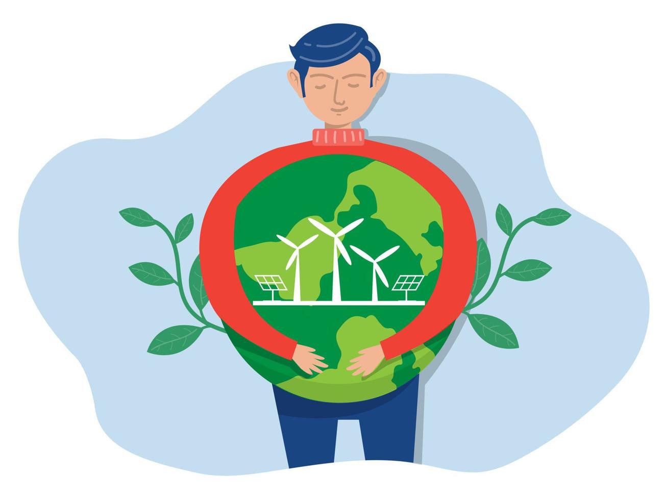 World Earth Day green eco energy , Young  man embracing the planet Earth with World Earth Day and Save the Planet concept of conservation, protection and reasonable consumption of natural resources. vector