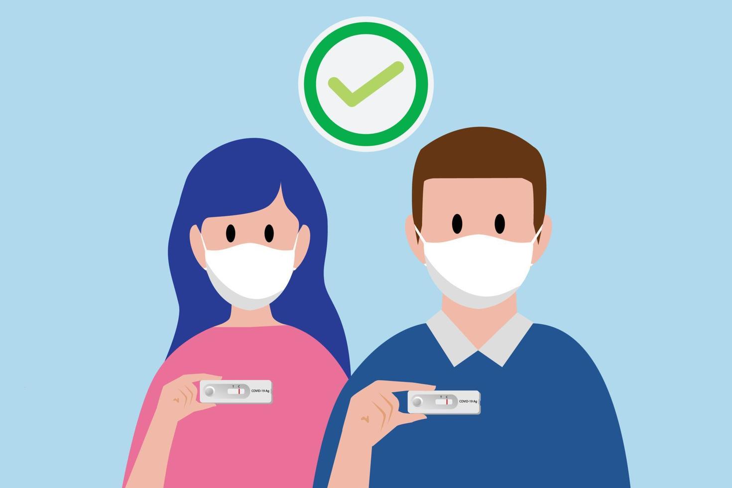 Male And Female using Rapid Antigen Test kit and result are positive. COVID-19 Self test by ATK home use. Flat vector illustration character.