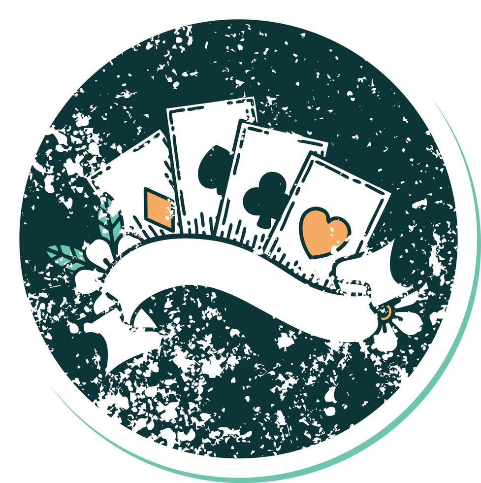distressed sticker tattoo style icon of cards and banner vector