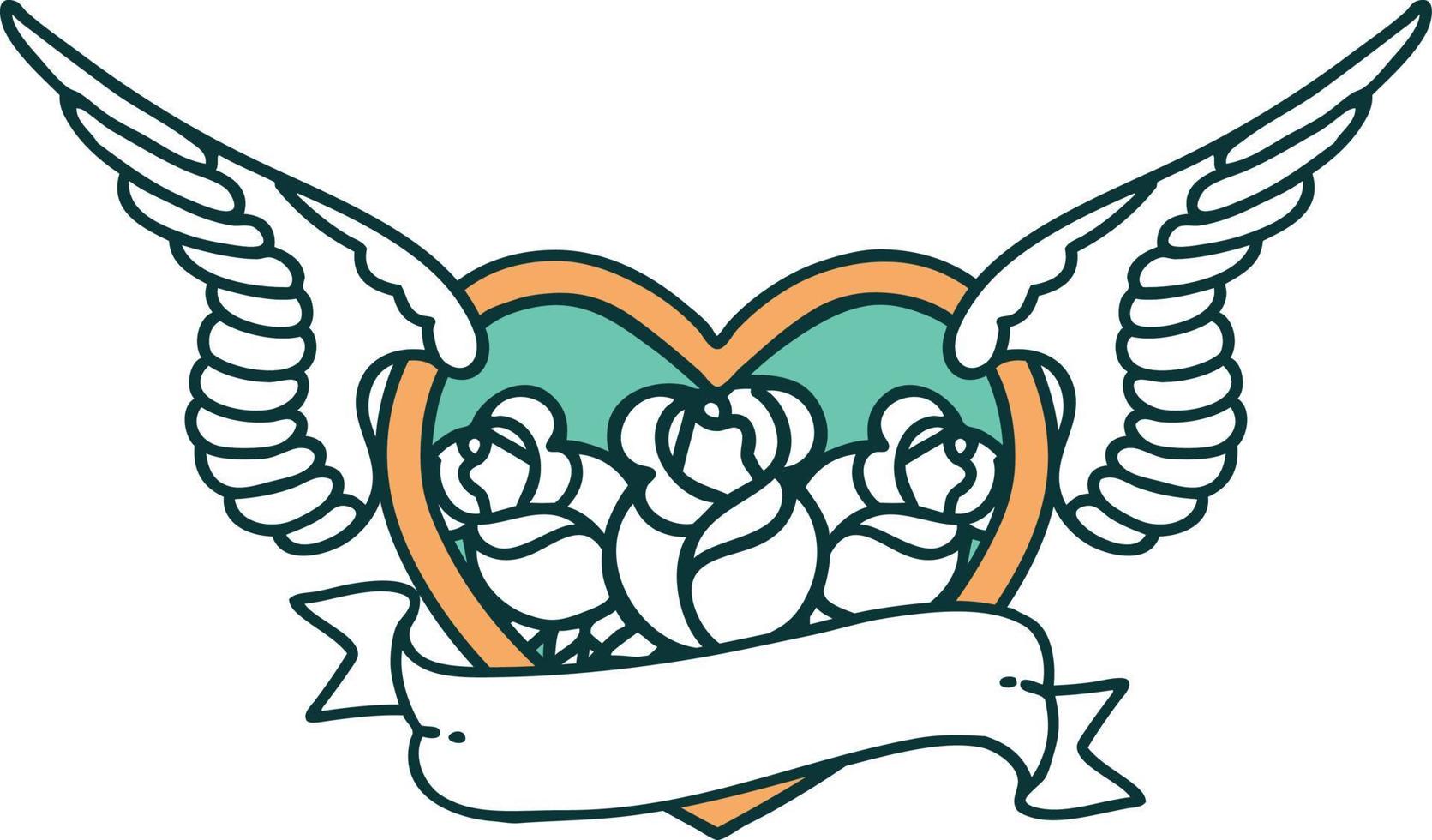 ícono de estilo tatuaje de un corazón volador con flores y pancartas vector