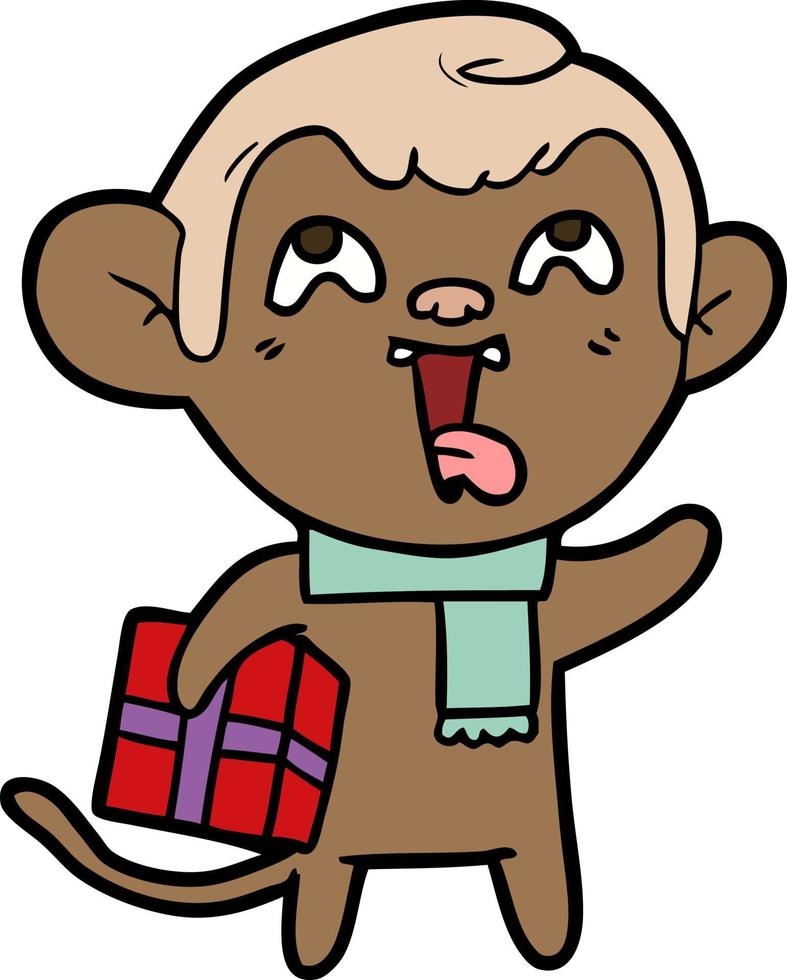 crazy cartoon monkey with christmas present vector