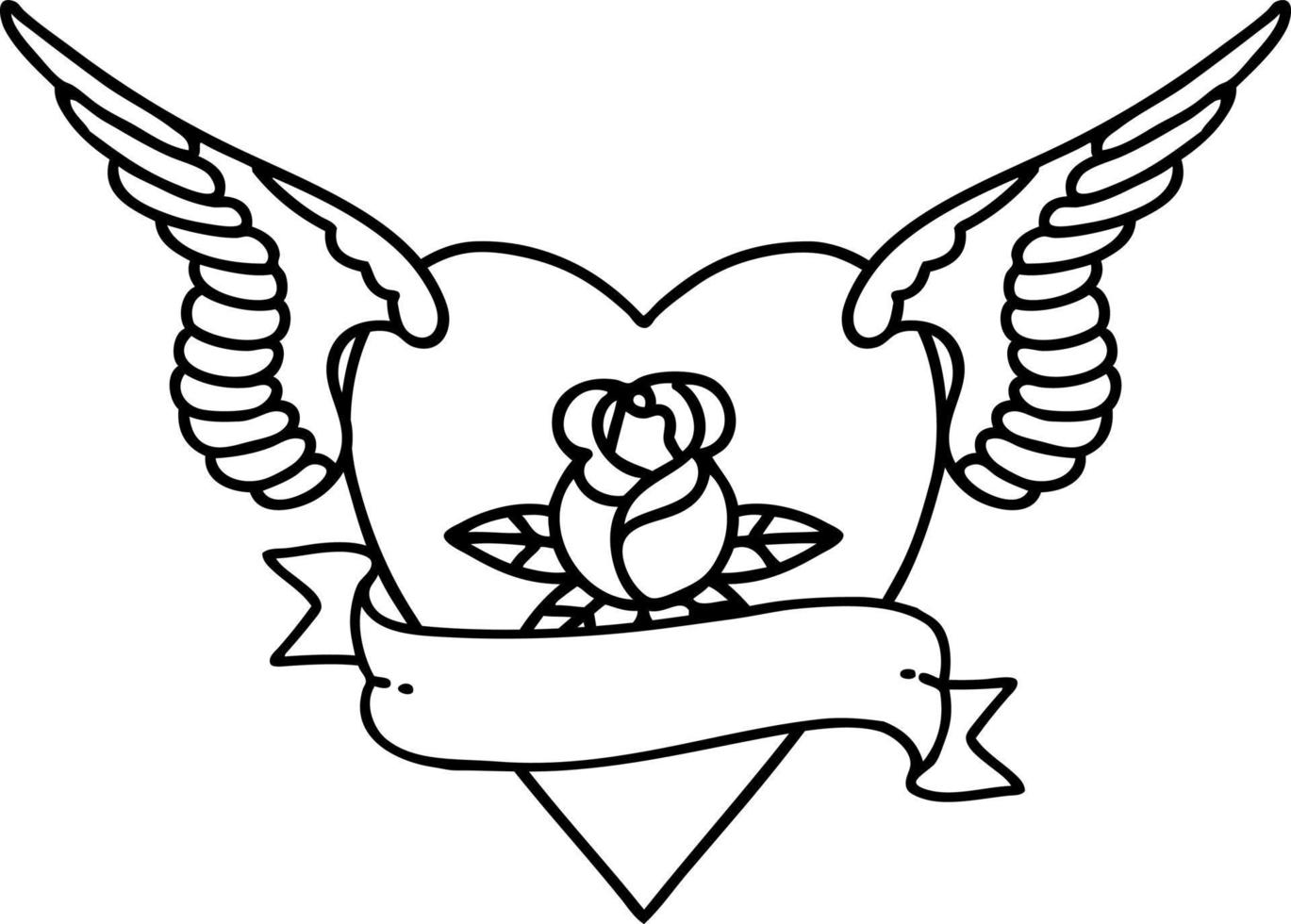 tatuaje en estilo de línea negra de corazón con alas una rosa y pancarta vector