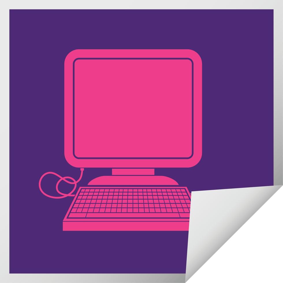 computer with mouse and screen square peeling sticker vector