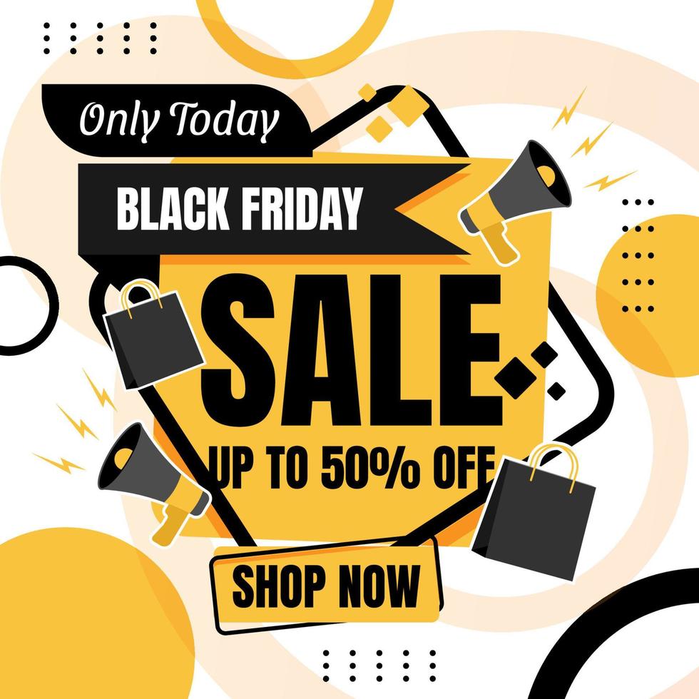 Black Friday sale banner design template in yellow, black and white color with megaphone and shopping bag. vector illustration