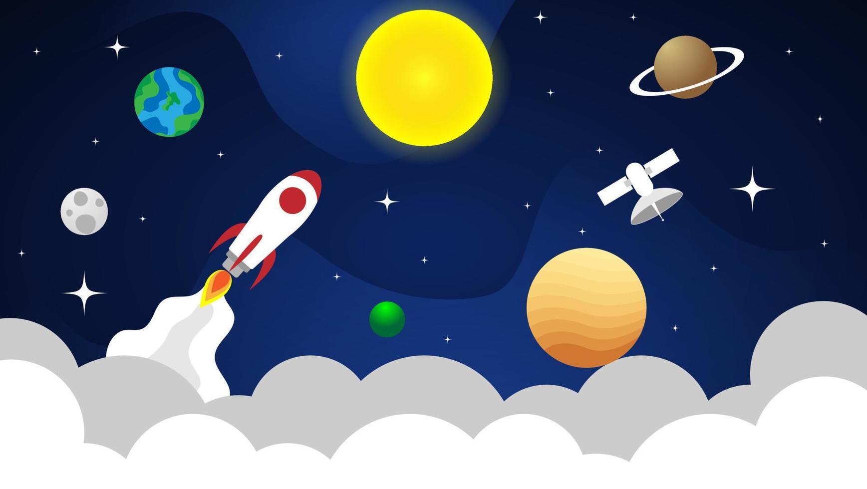 space flat vector background with rocket, sun, satellite, stars, cloud and planets