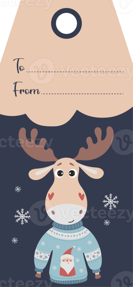 etiqueta de regalo de navidad con ciervos en suéter de navidad png