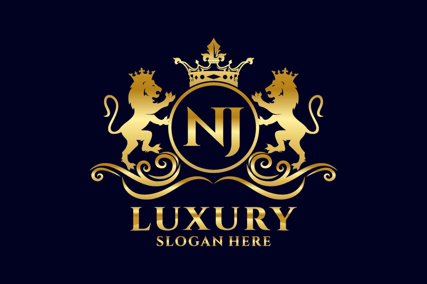 Initial NJ Letter Lion Royal Luxury Logo template in vector art for luxurious branding projects and other vector illustration.