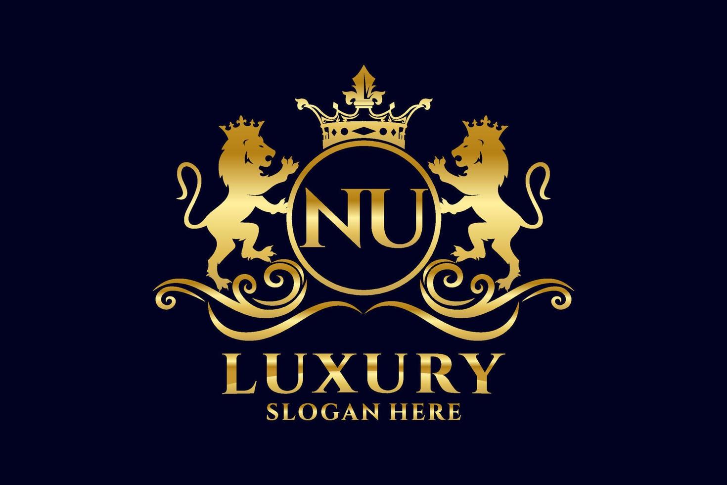 Initial NU Letter Lion Royal Luxury Logo template in vector art for luxurious branding projects and other vector illustration.