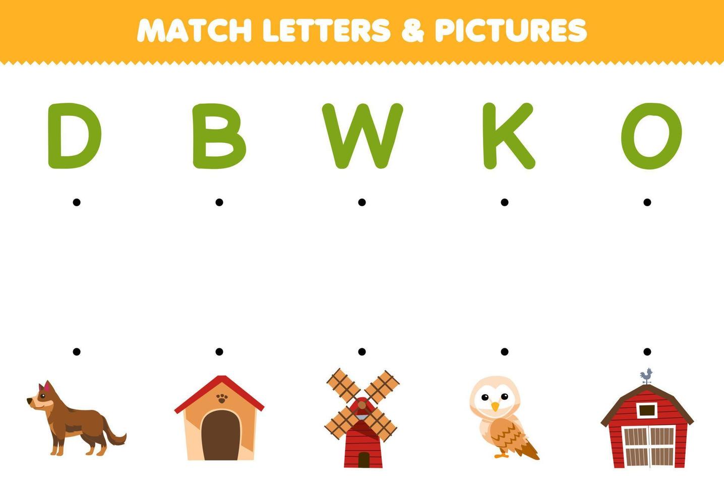 juego educativo para niños unir letras e imágenes de dibujos animados lindo perro perrera molino de viento búho granero hoja de trabajo de granja imprimible vector