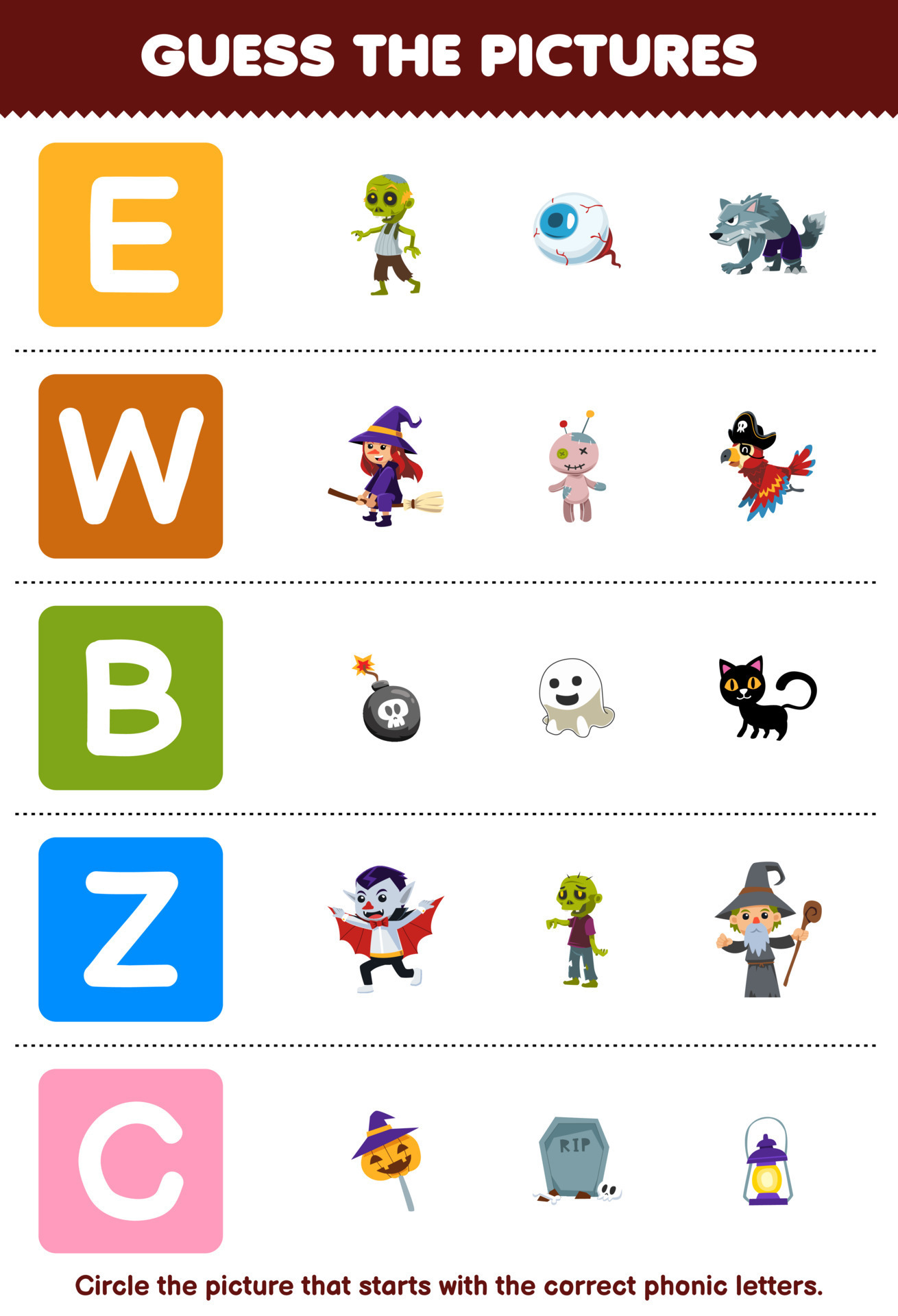 Education game for children guess the correct picture for phonic word