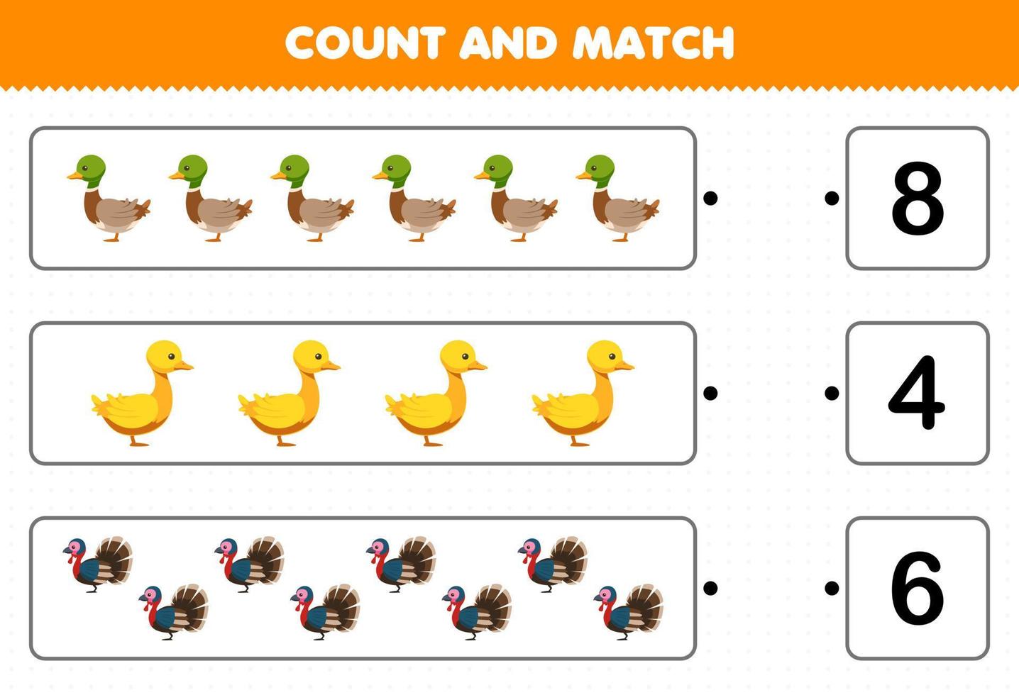 Education game for children count the number of cute cartoon duck turkey and match with the right numbers printable farm worksheet vector