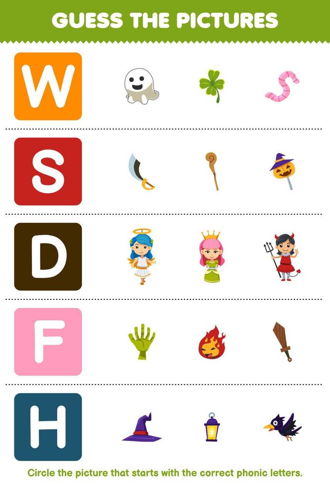 juego educativo para niños adivinar la imagen correcta para la palabra fónica que comienza con las letras wsdf y h hoja de trabajo imprimible de halloween vector