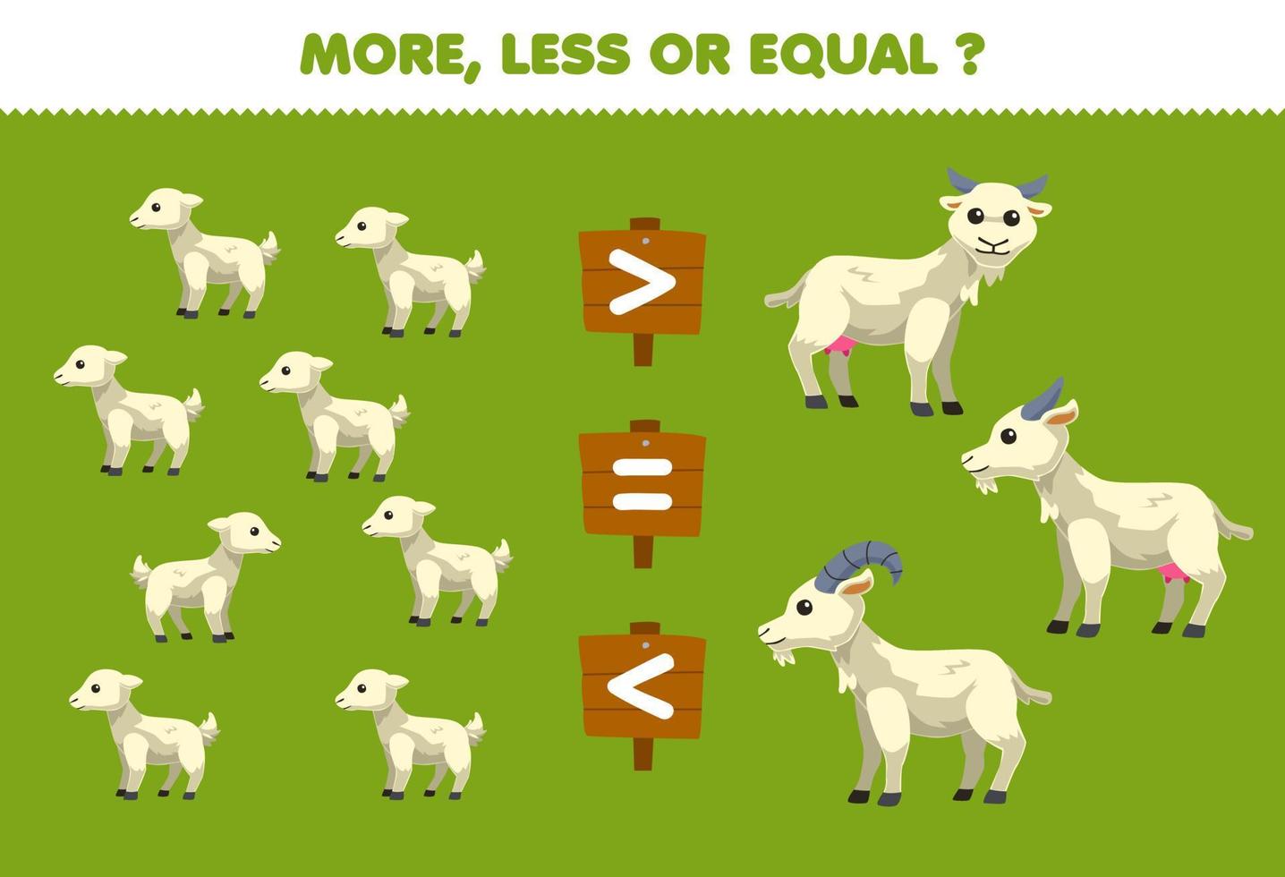 Education game for children more less or equal count the amount of cute cartoon goat and lamb printable farm worksheet vector