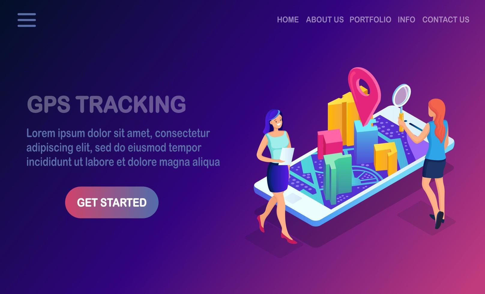 Isometric smartphone with gps navigation app, tracking. Mobile phone with map application vector