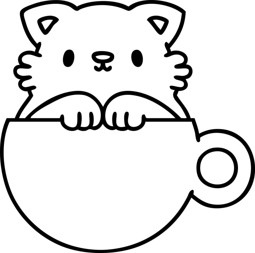 line doodle of a cute little cat in a coffee cup vector