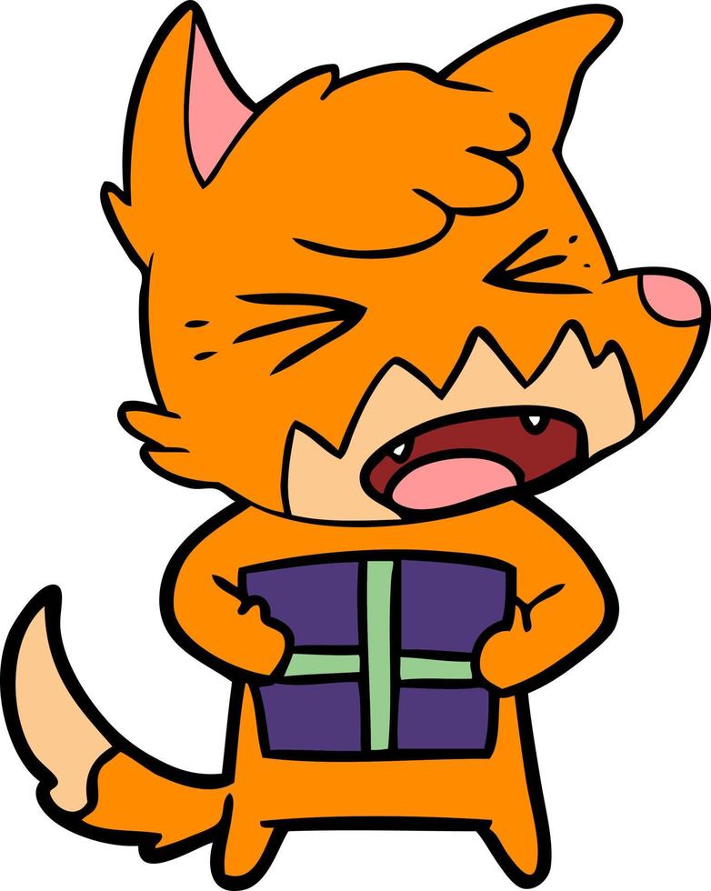 angry cartoon fox with christmas present vector