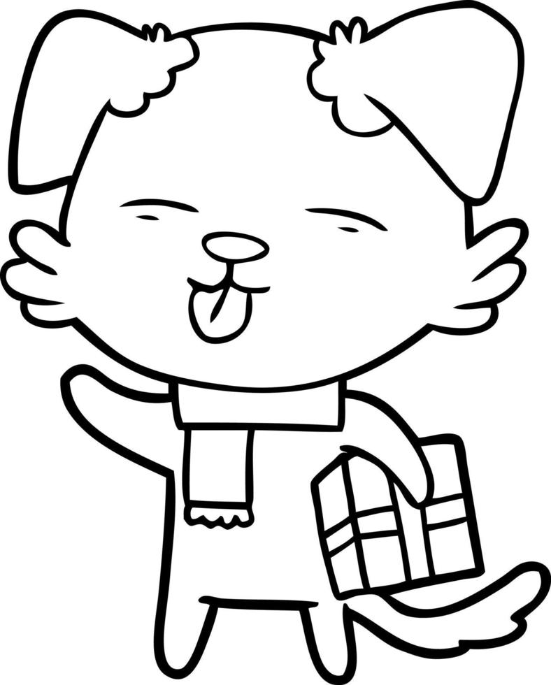 cartoon dog with xmas gift vector