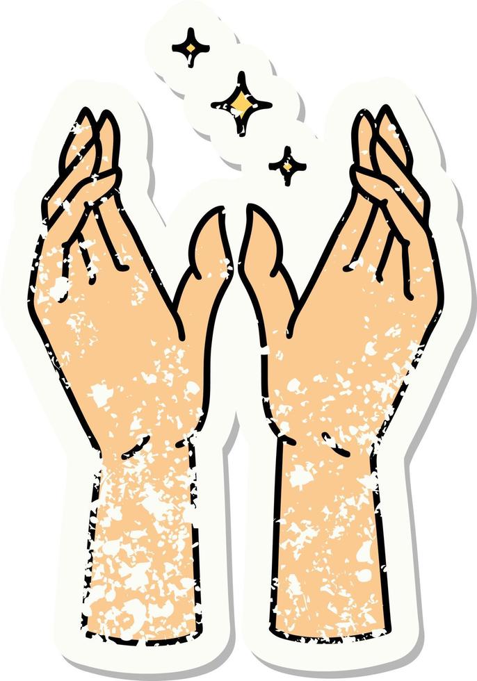 traditional distressed sticker tattoo of mystic hands vector