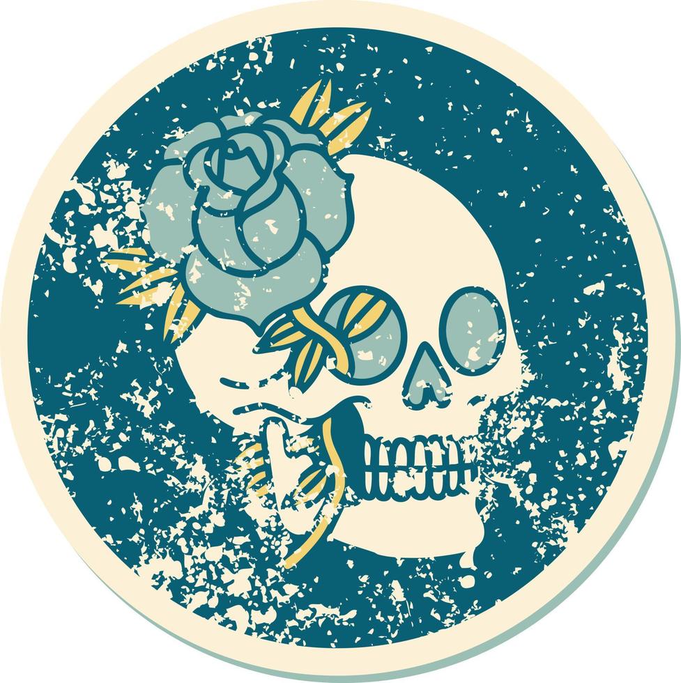 distressed sticker tattoo style icon of a skull and rose vector