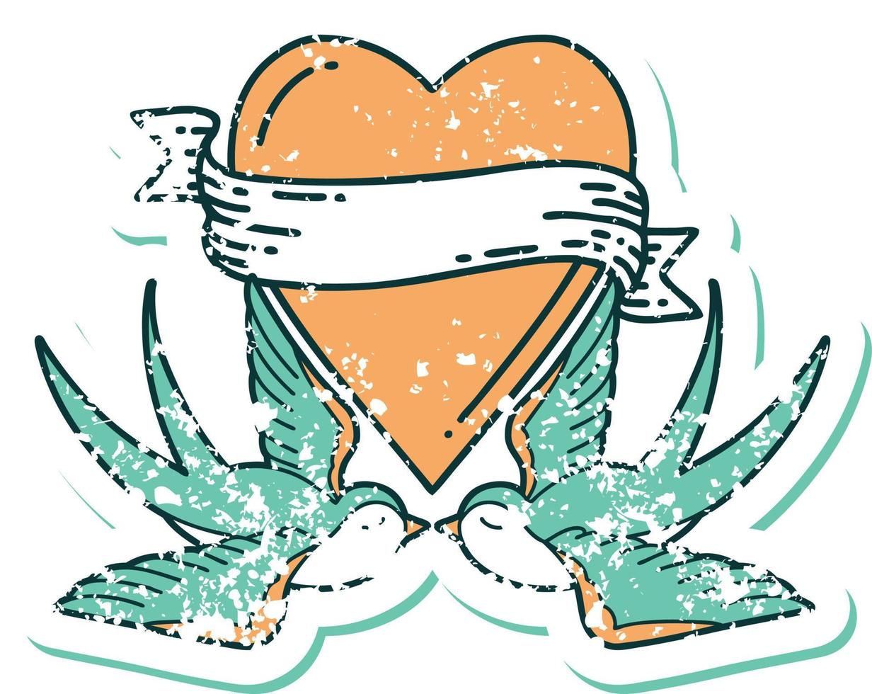 distressed sticker tattoo style icon of a swallows and a heart with banner vector