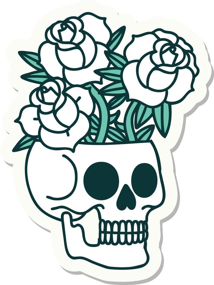 tattoo style sticker of a skull and roses vector