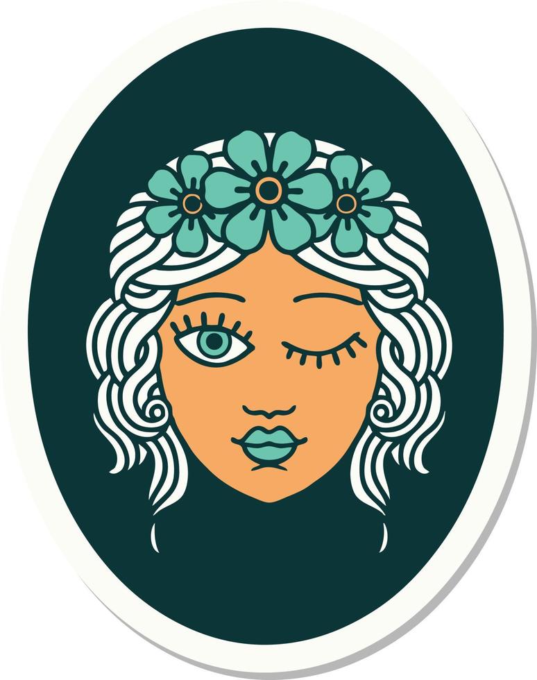 tattoo style sticker of a maiden with crown of flowers winking vector