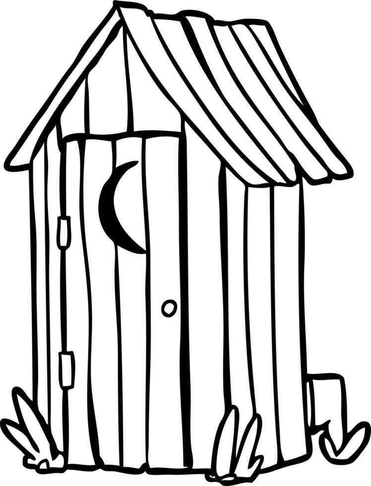 line drawing of a traditional outdoor toilet with crescent moon window vector