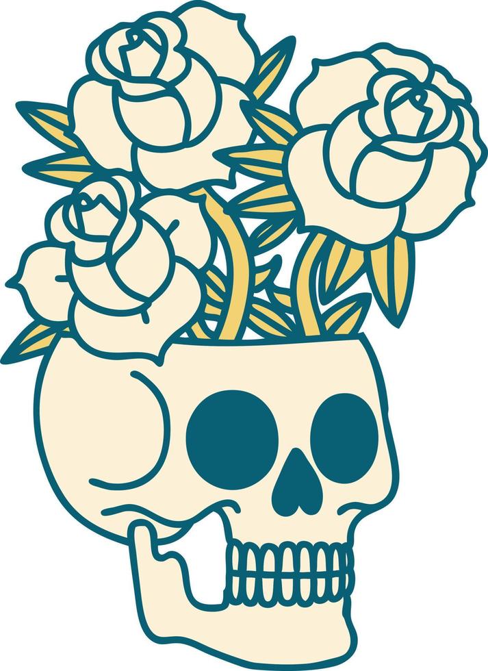 iconic tattoo style image of a skull and roses vector