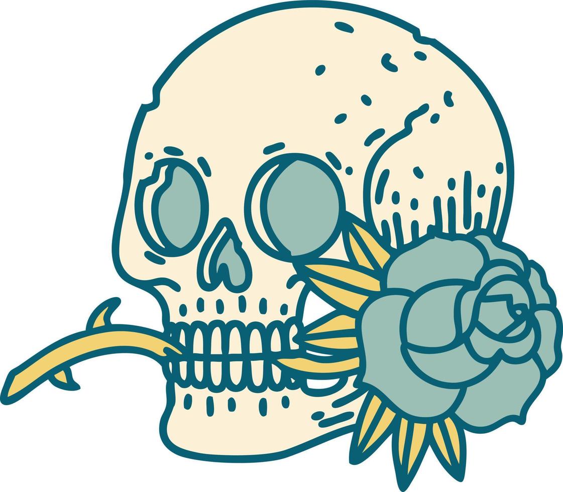 imagen icónica de estilo tatuaje de una calavera y una rosa vector