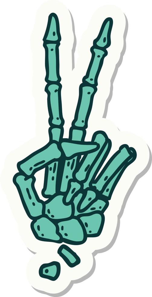 sticker of tattoo in traditional style of a skeleton giving a peace sign vector