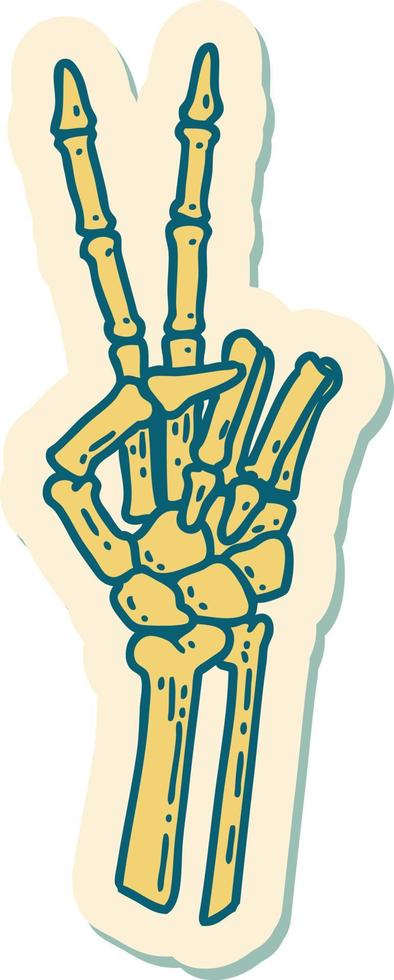 sticker of tattoo in traditional style of a skeleton giving a peace sign vector