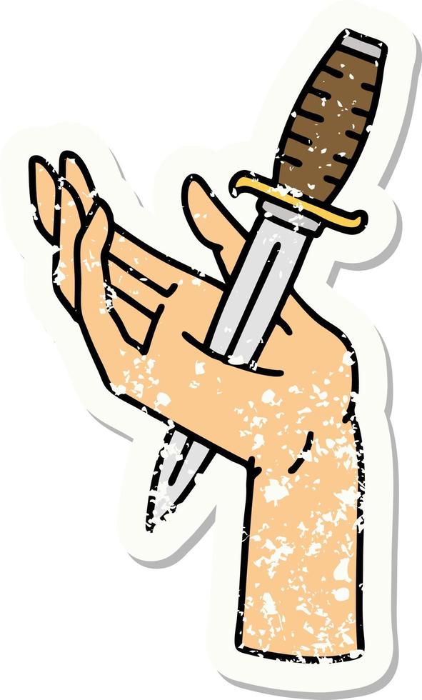 distressed sticker tattoo in traditional style of a dagger in the hand vector