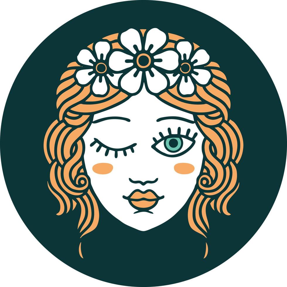 iconic tattoo style image of a maidens face winking vector