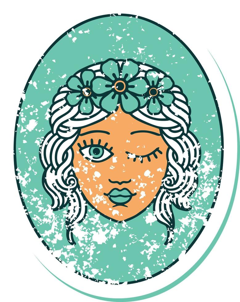 iconic distressed sticker tattoo style image of a maiden with crown of flowers winking vector