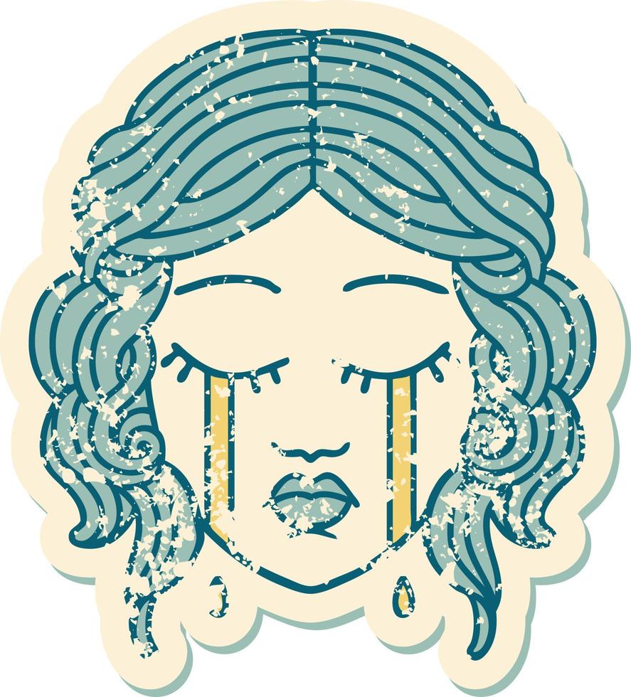 iconic distressed sticker tattoo style image of female face crying vector