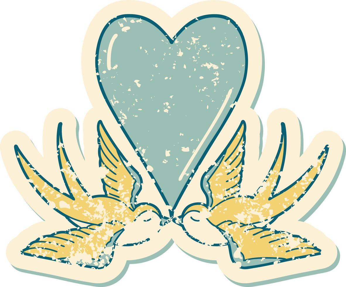 iconic distressed sticker tattoo style image of swallows and a heart vector