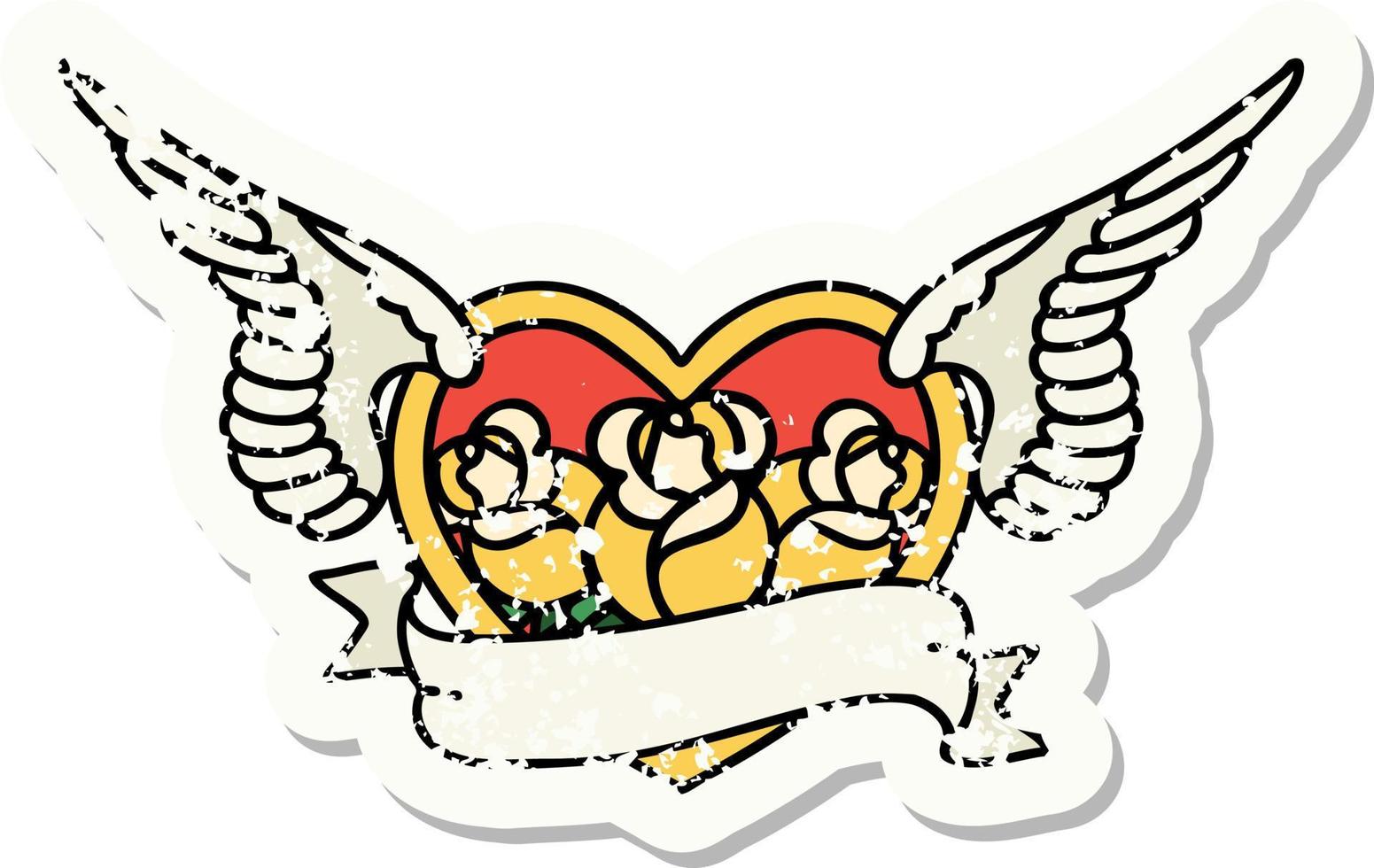 distressed sticker tattoo in traditional style of a flying heart with flowers and banner vector