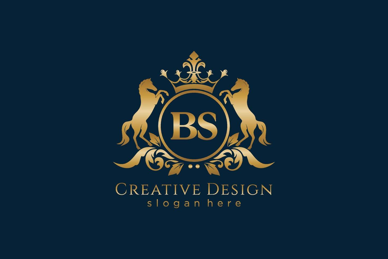 initial BS Retro golden crest with circle and two horses, badge template with scrolls and royal crown - perfect for luxurious branding projects vector