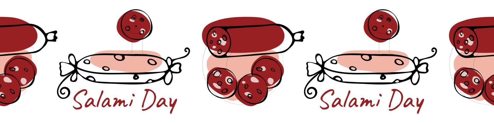 Sausage pattern. Salami day. Manual drawing of a flat vector illustration. For labels, stickers, web design, advertising of sausage products